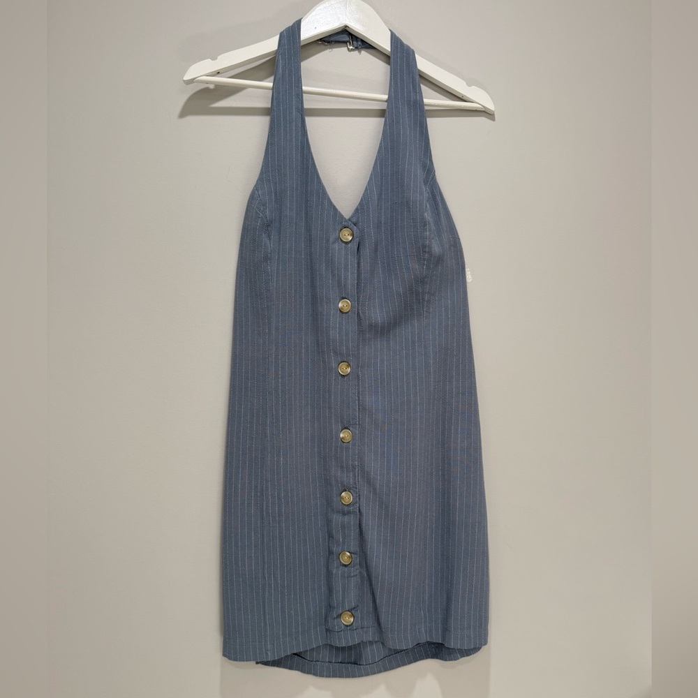 NEW Monteau Los Angeles Blue Pinstripe Halter Dress Size L NWOT
